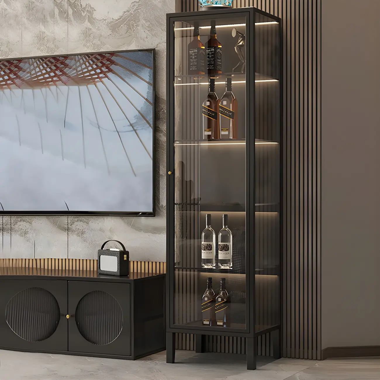 Elegant Metal Black Glass Door Curio Display Cabinet Image - 2 | homeyfad