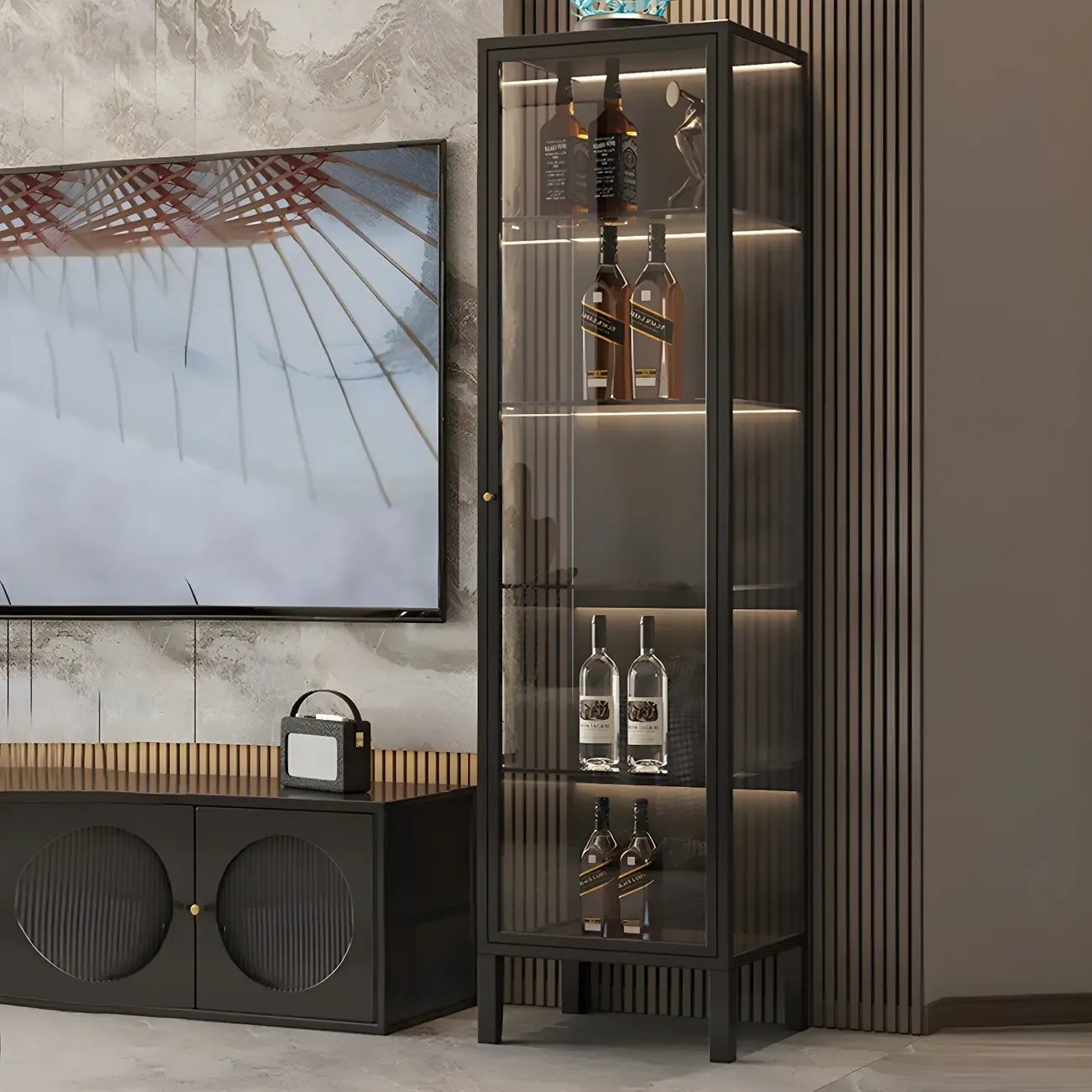 Elegant Modern Metal Black Glass Door Curio Cabinet | HomeyFad