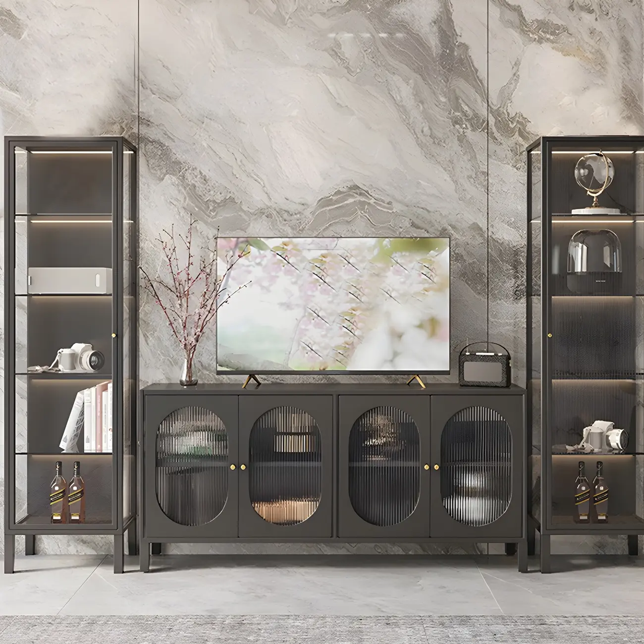 Elegant Metal Black Glass Door Curio Display Cabinet Image - 7 | homeyfad