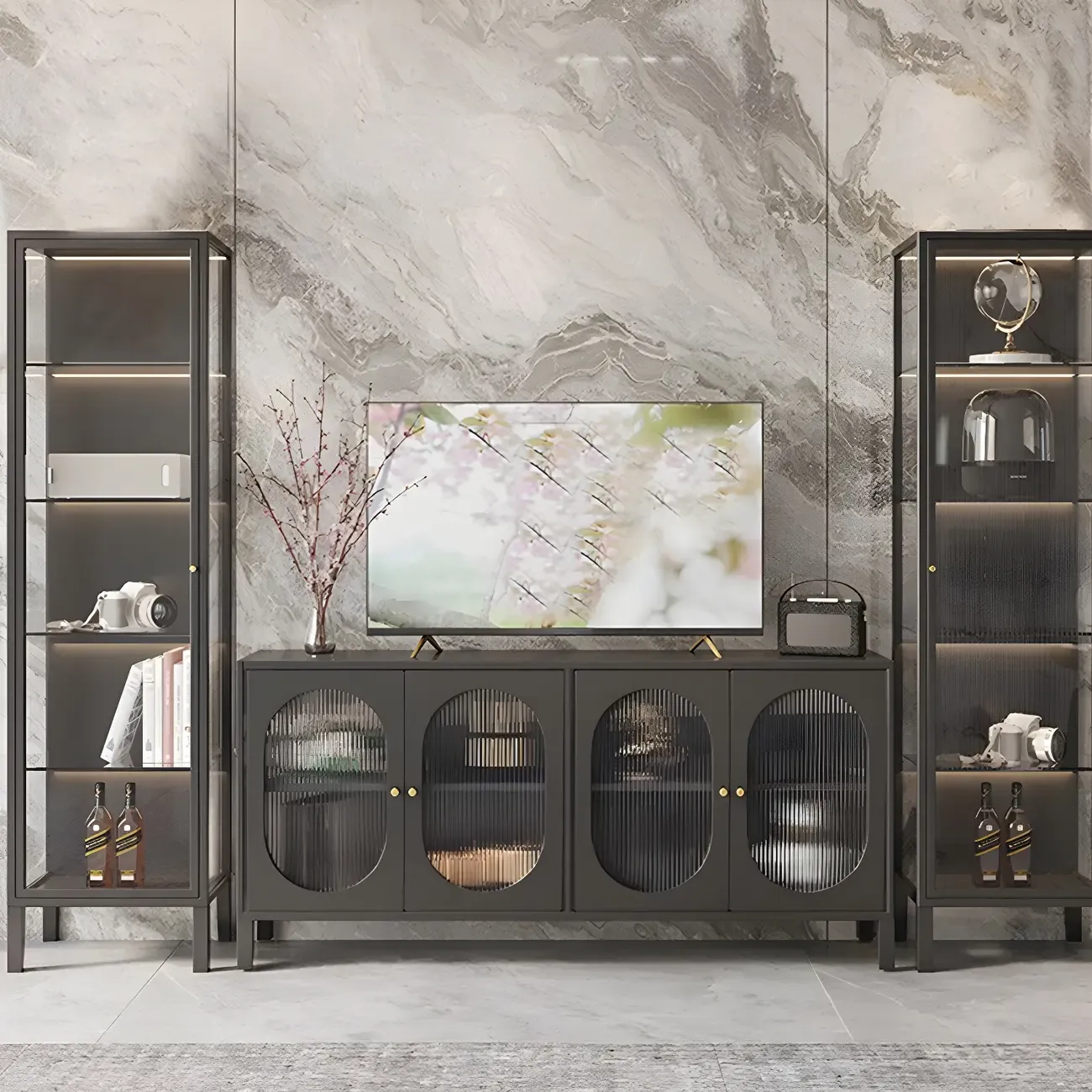 Elegant Metal Black Glass Door Curio Display Cabinet Image - 7