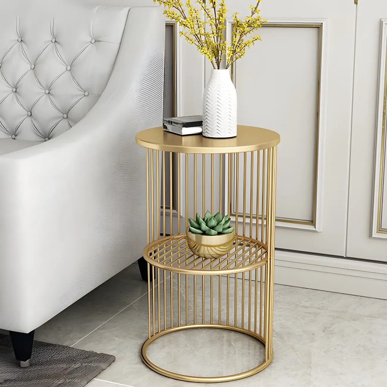 Round 2 Tiers Metal Frame Storage Side Tables Gold Image - 1