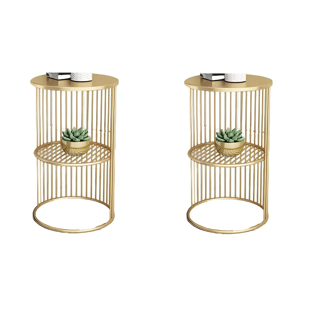 Round 2 Tiers Metal Frame Storage Side Tables Gold Image - 8