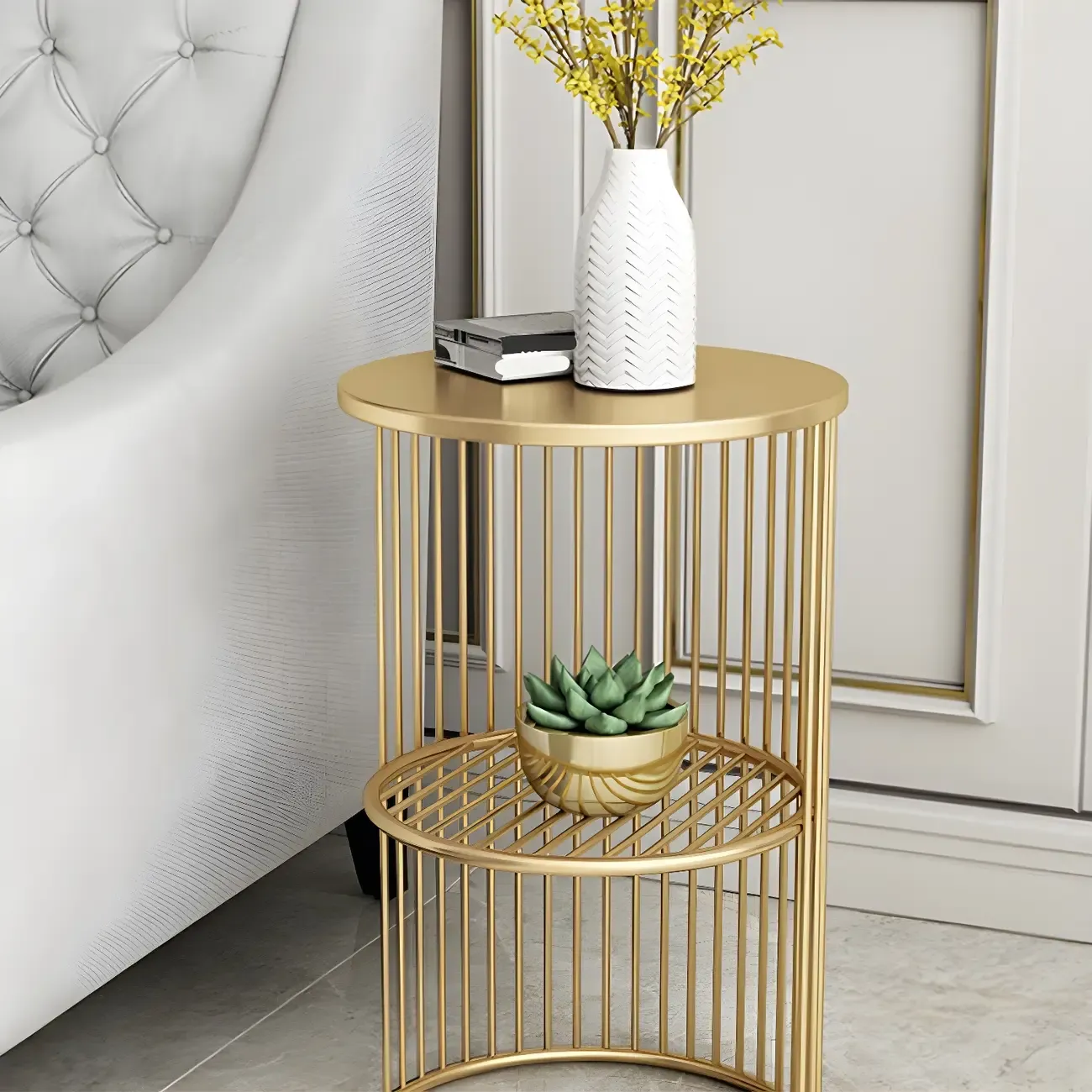 Round 2 Tiers Metal Frame Storage Side Tables Gold Image - 13