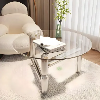 Round Glass Top Coffee Table with Stainless Steel Base Image - 2