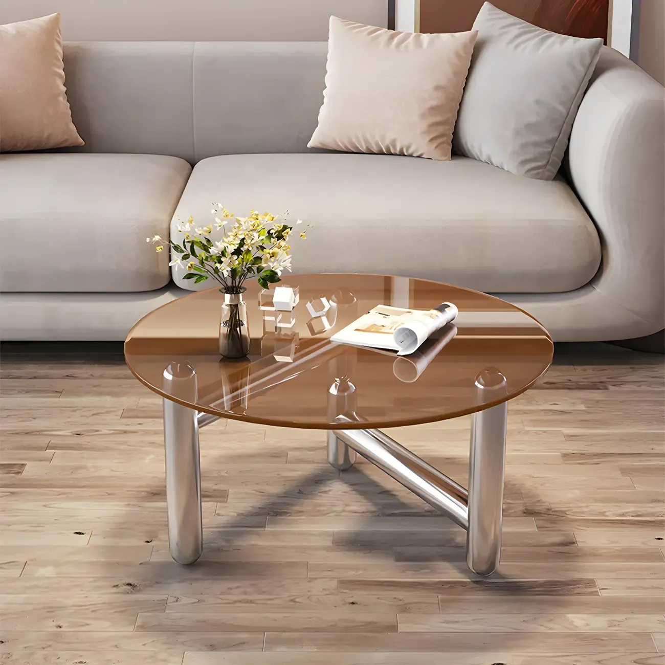 Round Glass Top Coffee Table with Stainless Steel Base Image - 3