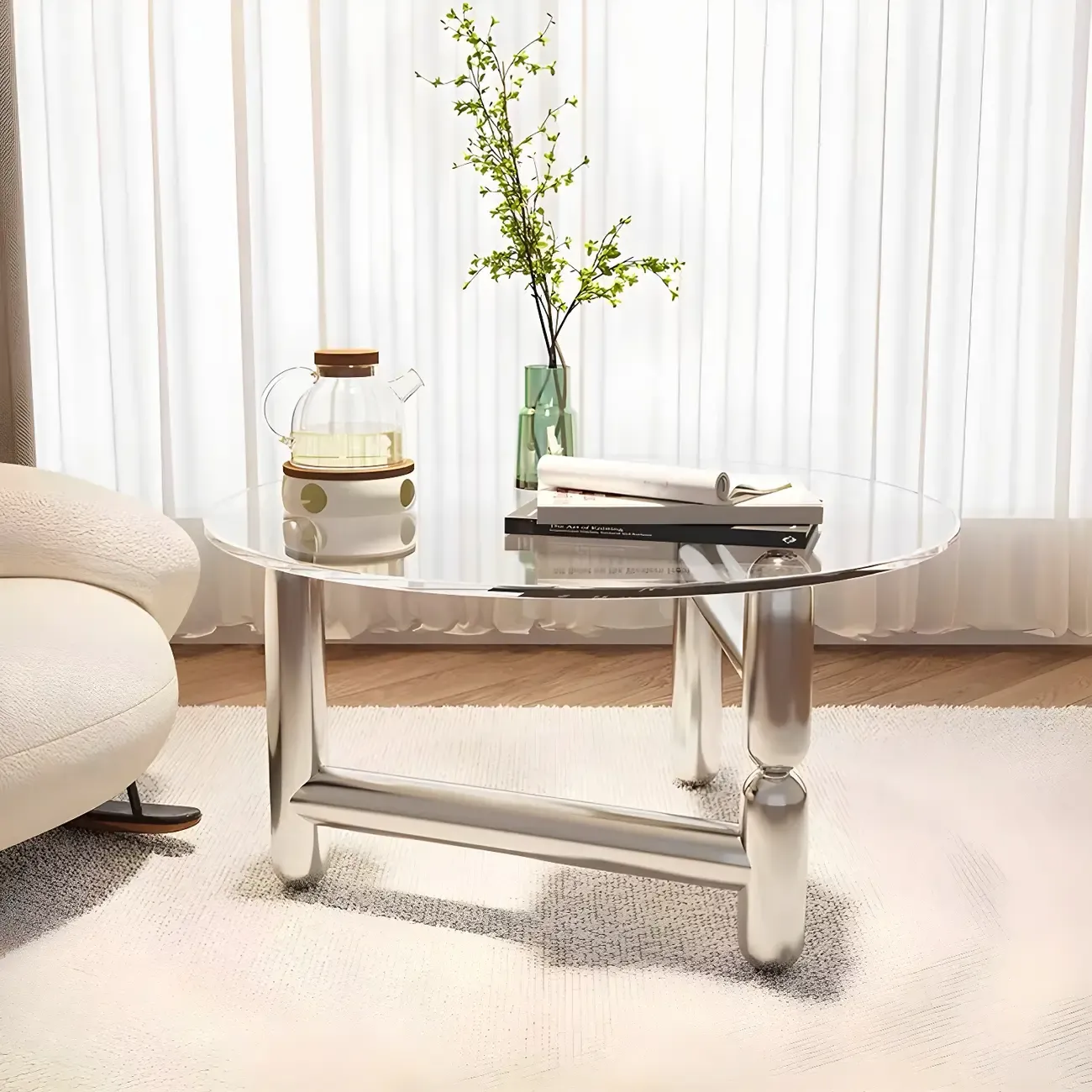 Round Glass Top Coffee Table with Stainless Steel Base Image - 4