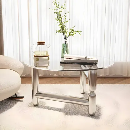Round Glass Top Coffee Table with Stainless Steel Base Image - 4
