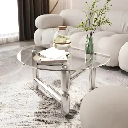 Round Glass Top Coffee Table with Stainless Steel Base Image - 11