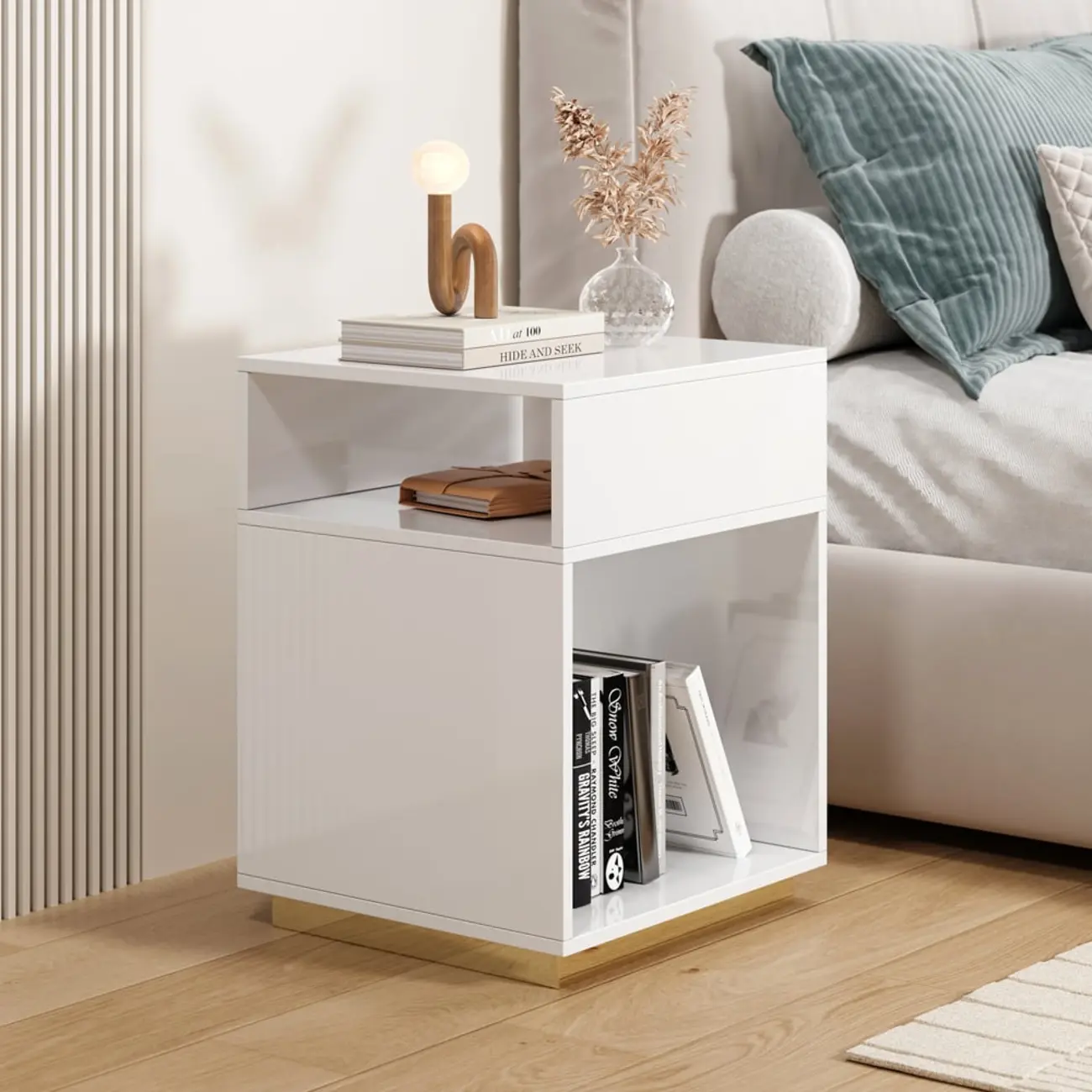 Compact White Wooden Cube Side Table with Open Shelf Image - 5 | homeyfad