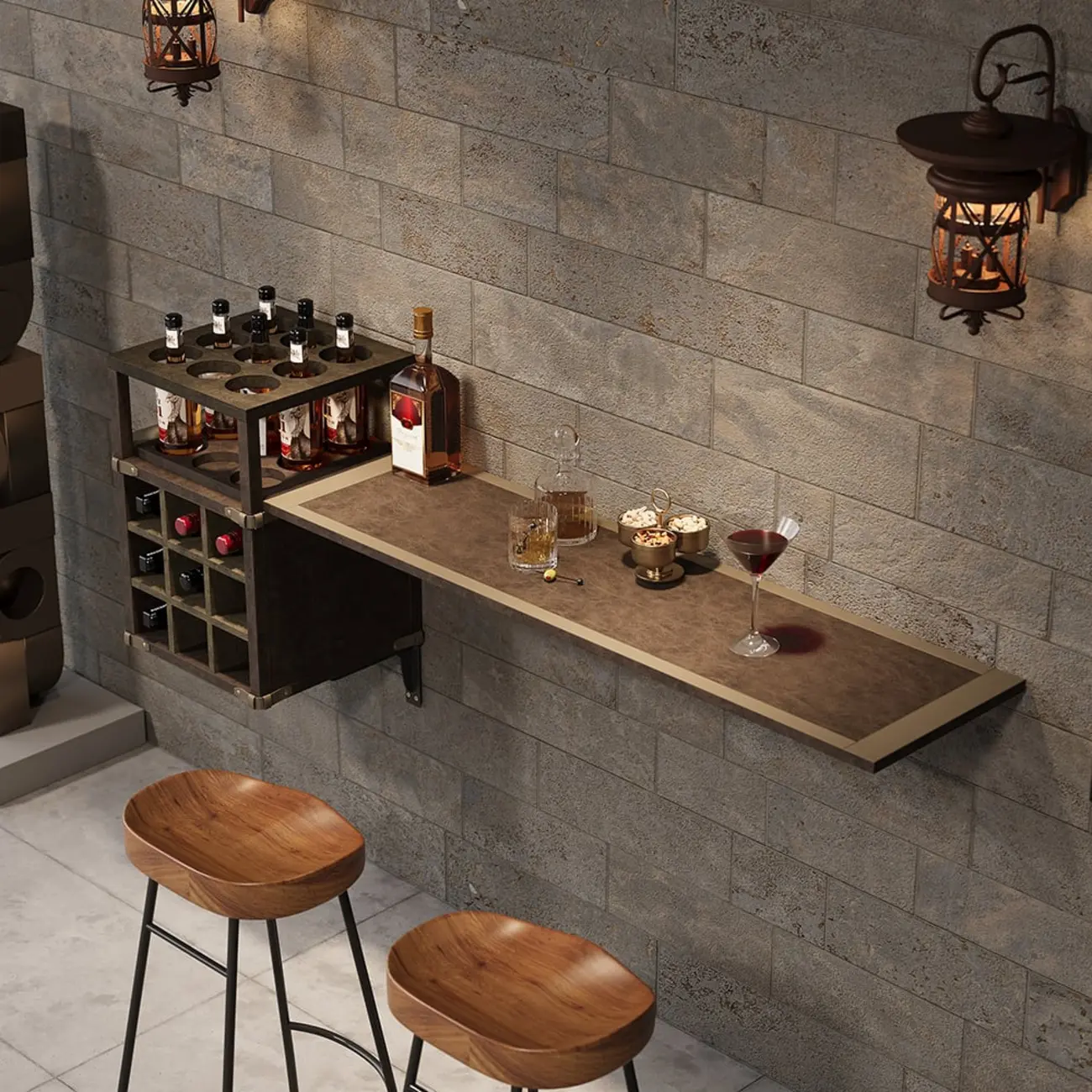 Industrial Wall Mounted Bar Counter with Wine Rack Image - 3 | homeyfad
