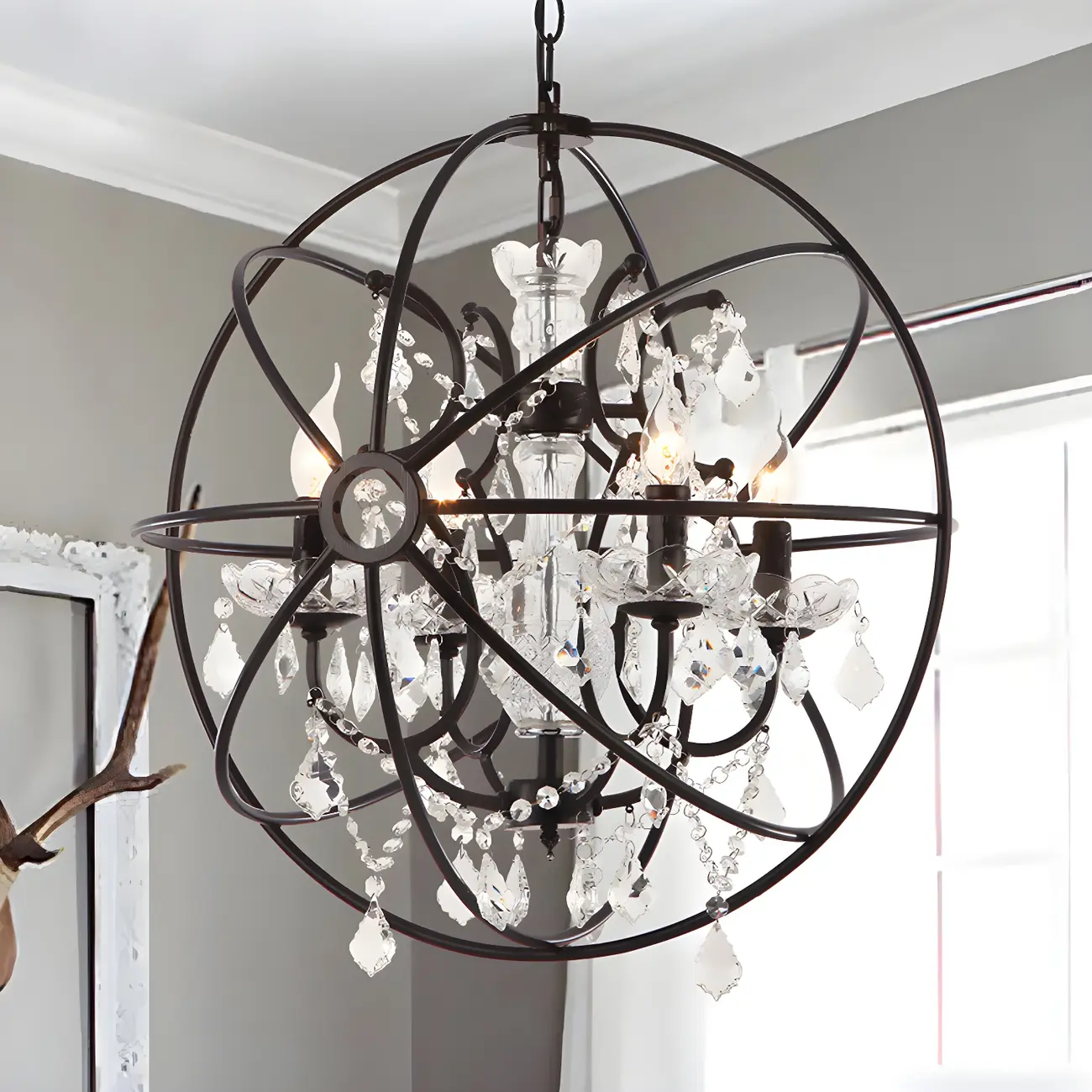 Industrial Black Iron Orb Chandelier with Crystal Image - 1 | homeyfad