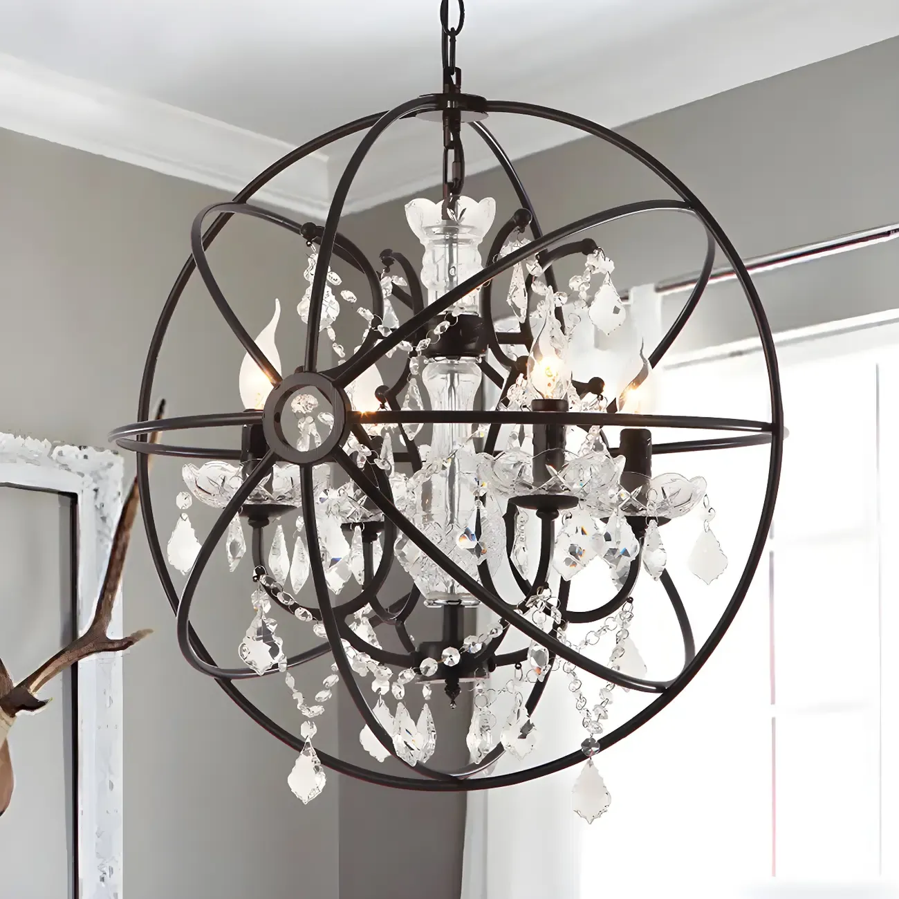 Industrial Black Iron Orb Chandelier with Crystal Image - 1