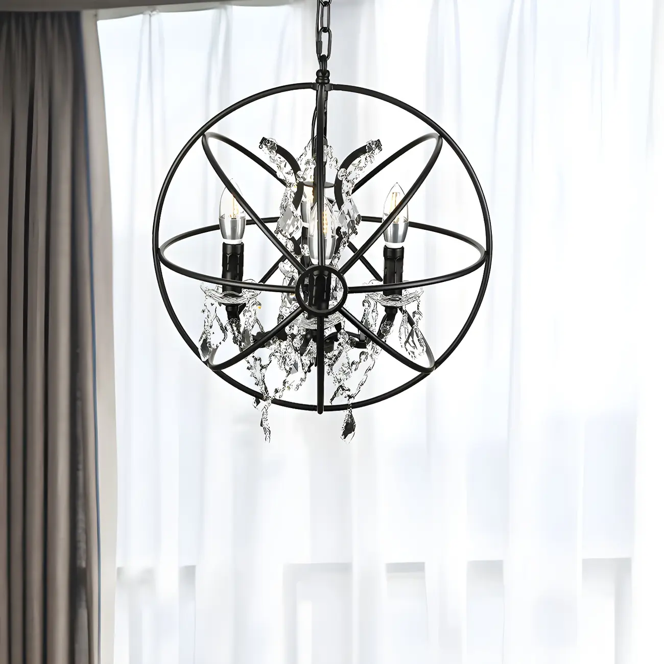 Industrial Black Iron Orb Chandelier with Crystal Image - 2 | homeyfad