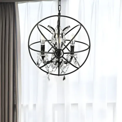 Industrial Black Iron Orb Chandelier with Crystal Image - 2