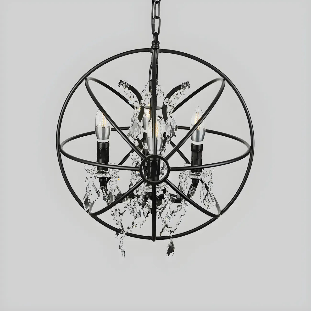Industrial Black Iron Orb Chandelier with Crystal Image - 4