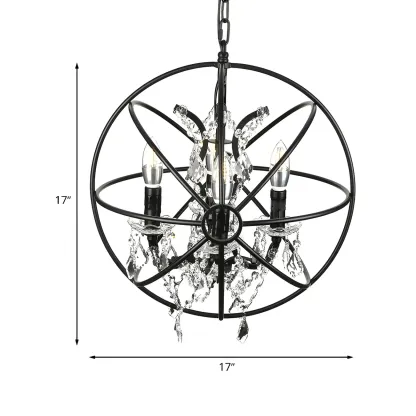 Industrial Black Iron Orb Chandelier with Crystal Image - 5