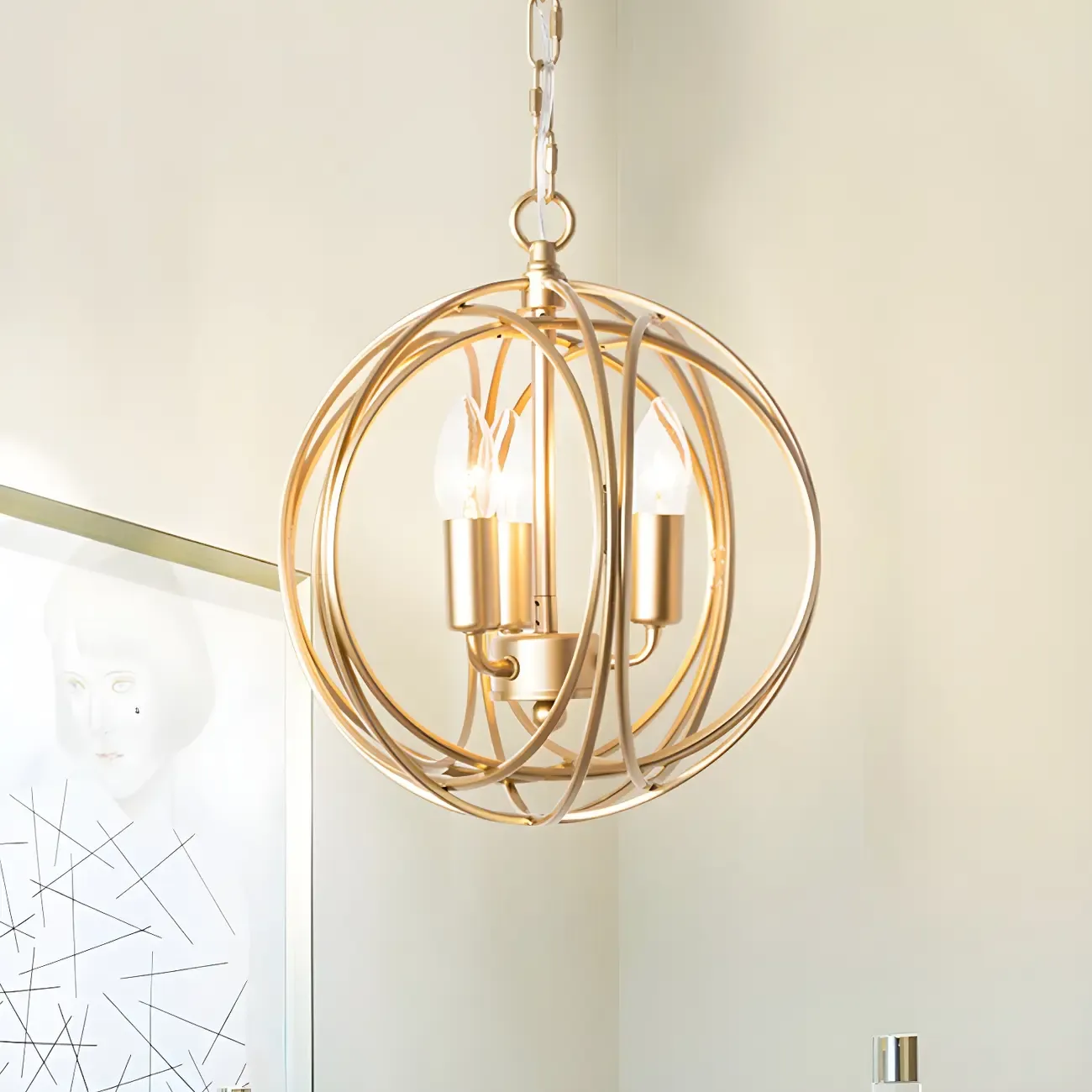 Gold Spherical Metal Frame Modern Industrial Candle Chandelier Image - 2