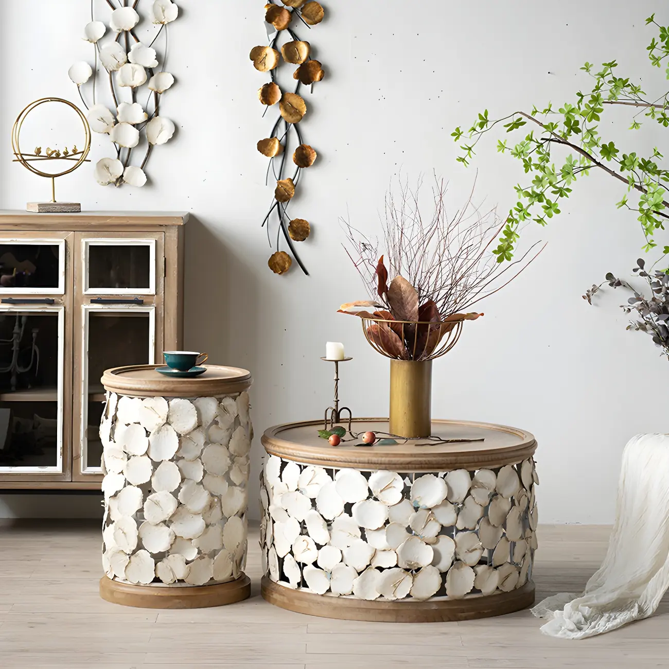 French Country Drum Intricate Carved Round Wood Coffee Table Image - 2 | homeyfad