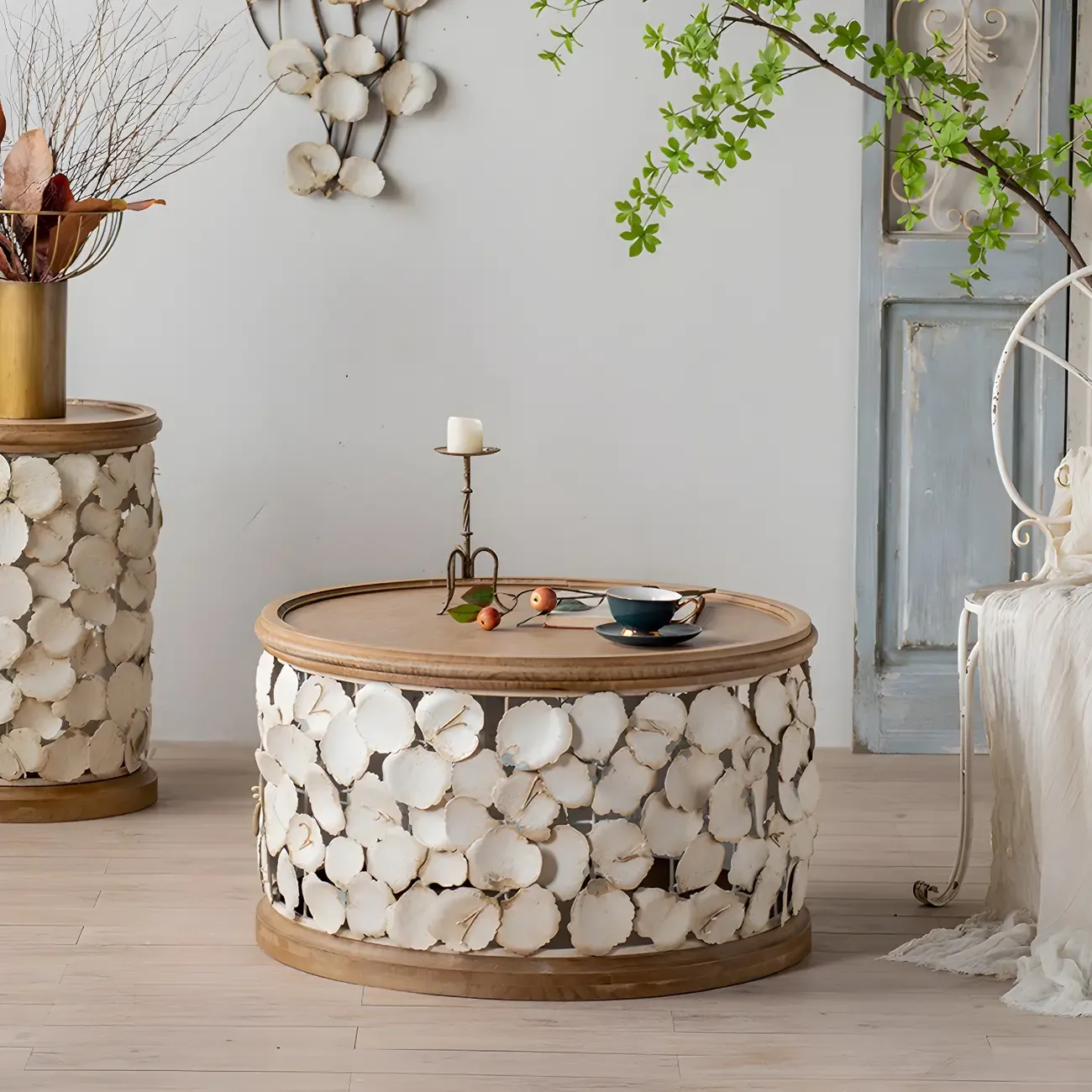 French Country Drum Intricate Carved Round Wood Coffee Table Image - 4