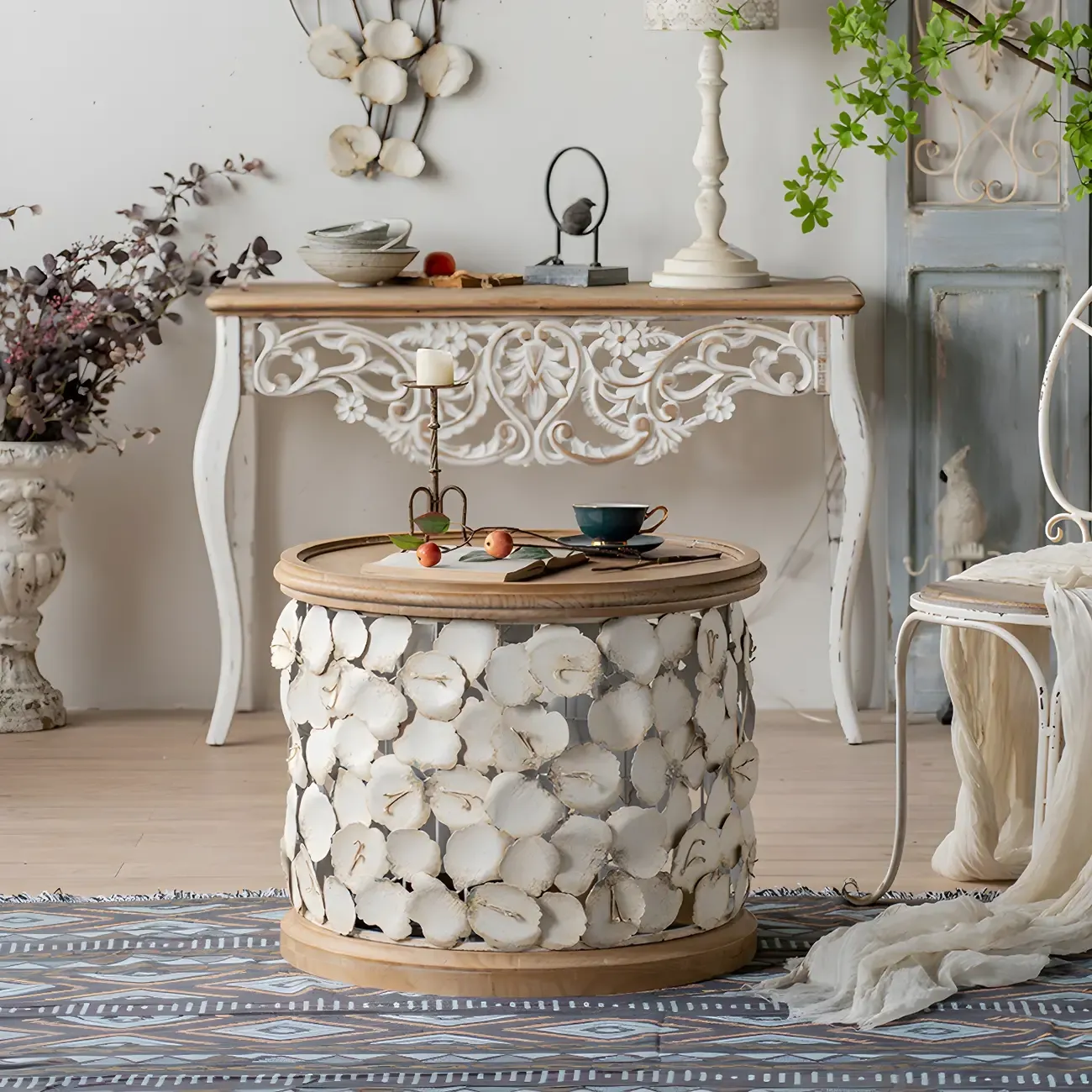 French Country Drum Intricate Carved Round Wood Coffee Table Image - 6