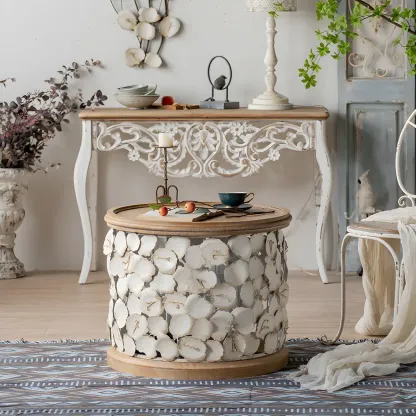 French Country Drum Intricate Carved Round Wood Coffee Table Image - 6