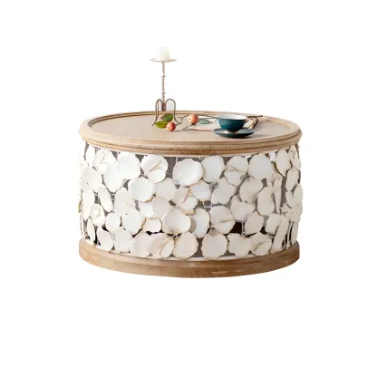French Country Drum Intricate Carved Round Wood Coffee Table Image - 7