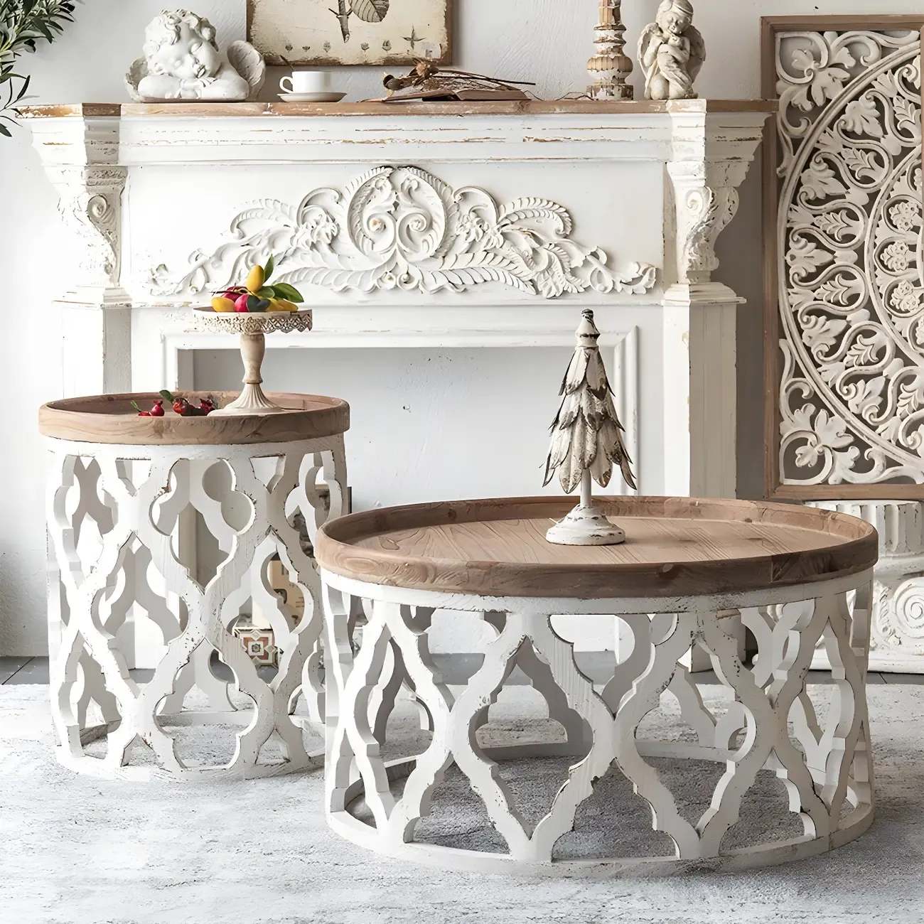 French Country Drum Intricate Carved Round Wood Coffee Table Image - 1