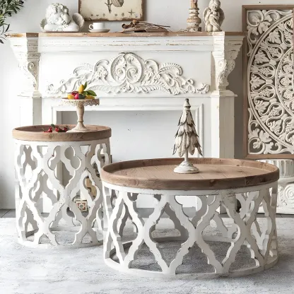 French Country Drum Intricate Carved Round Wood Coffee Table Image - 1