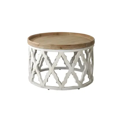 French Country Drum Intricate Carved Round Wood Coffee Table Image - 14