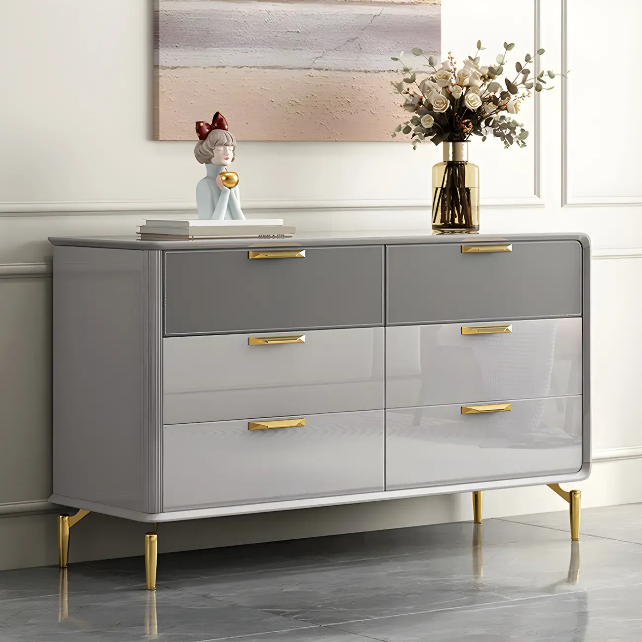 Elegant Grey Wooden Double Dresser with Soft-Close Drawers Image - 5