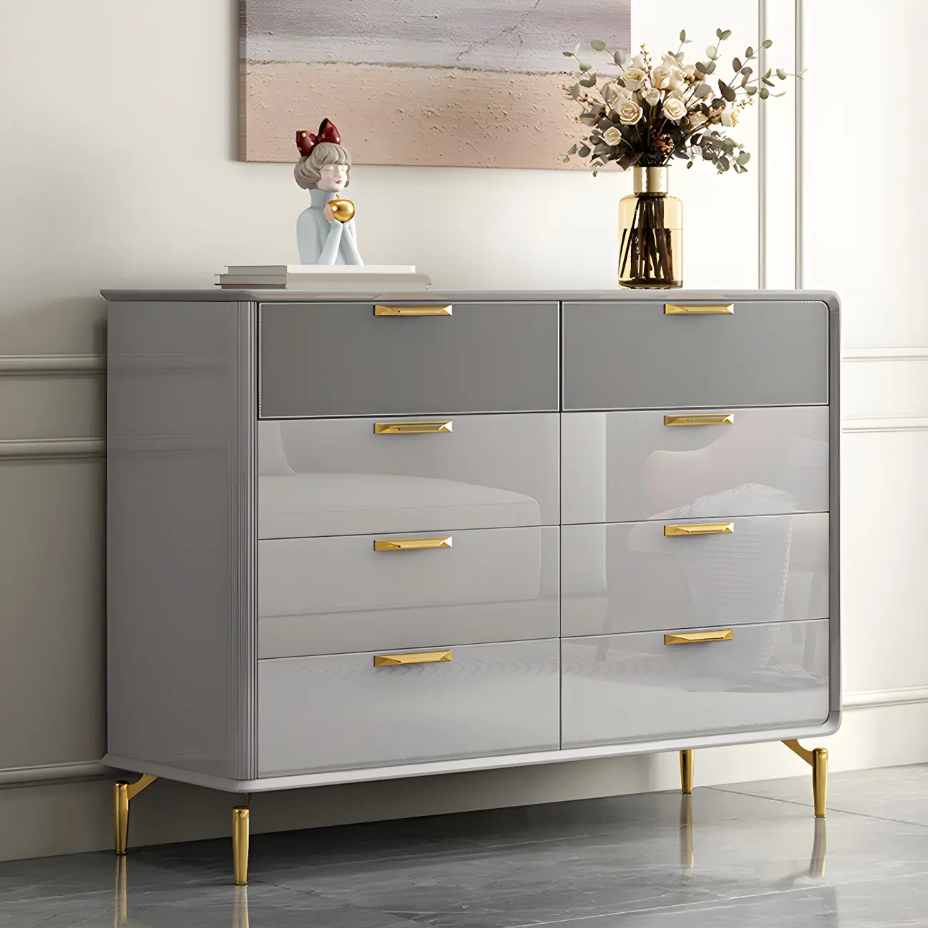 Elegant Grey Wooden Double Dresser with Soft-Close Drawers Image - 7 | homeyfad
