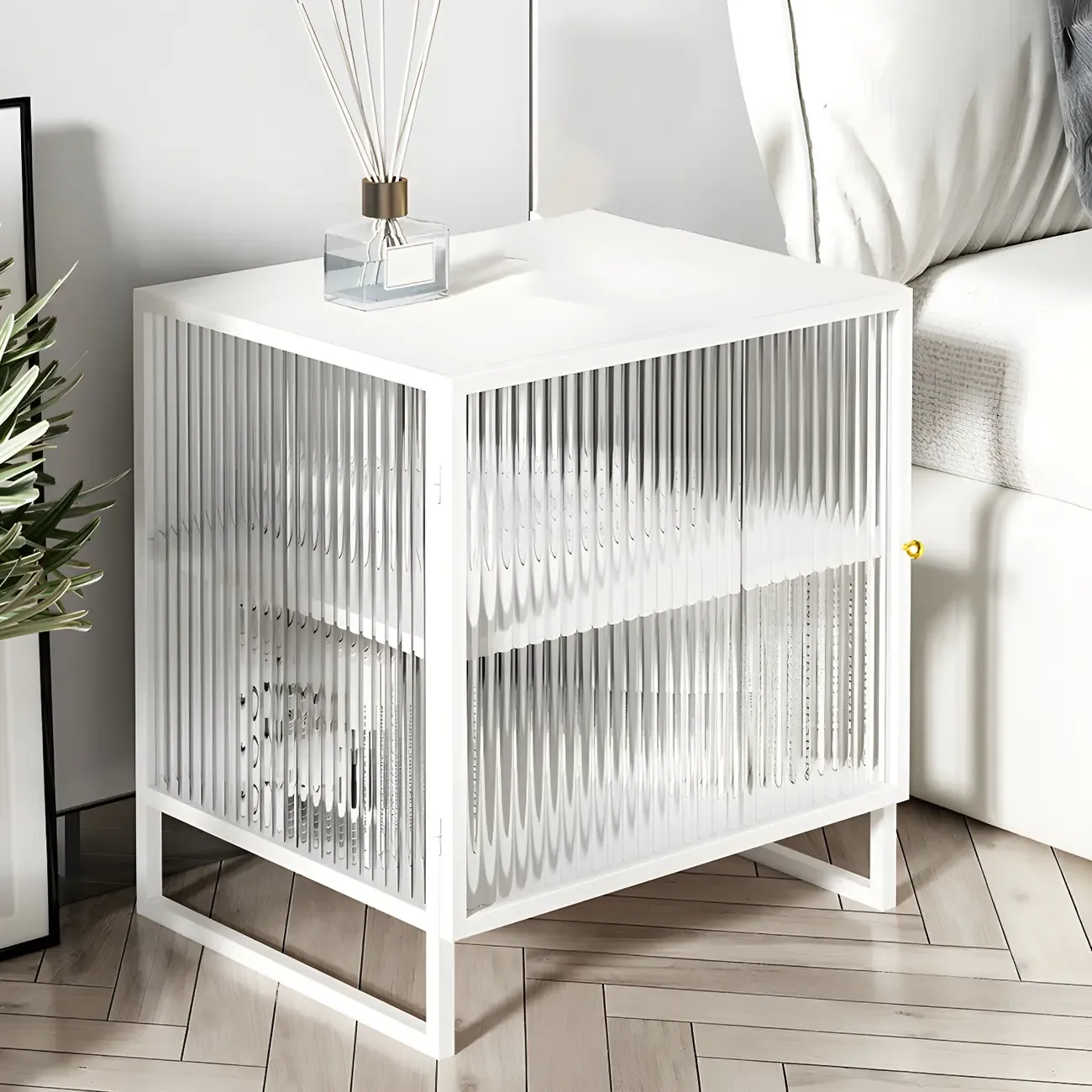 Black 2-Tier Ribbed Glass Metal Bedroom Nightstand Image - 4