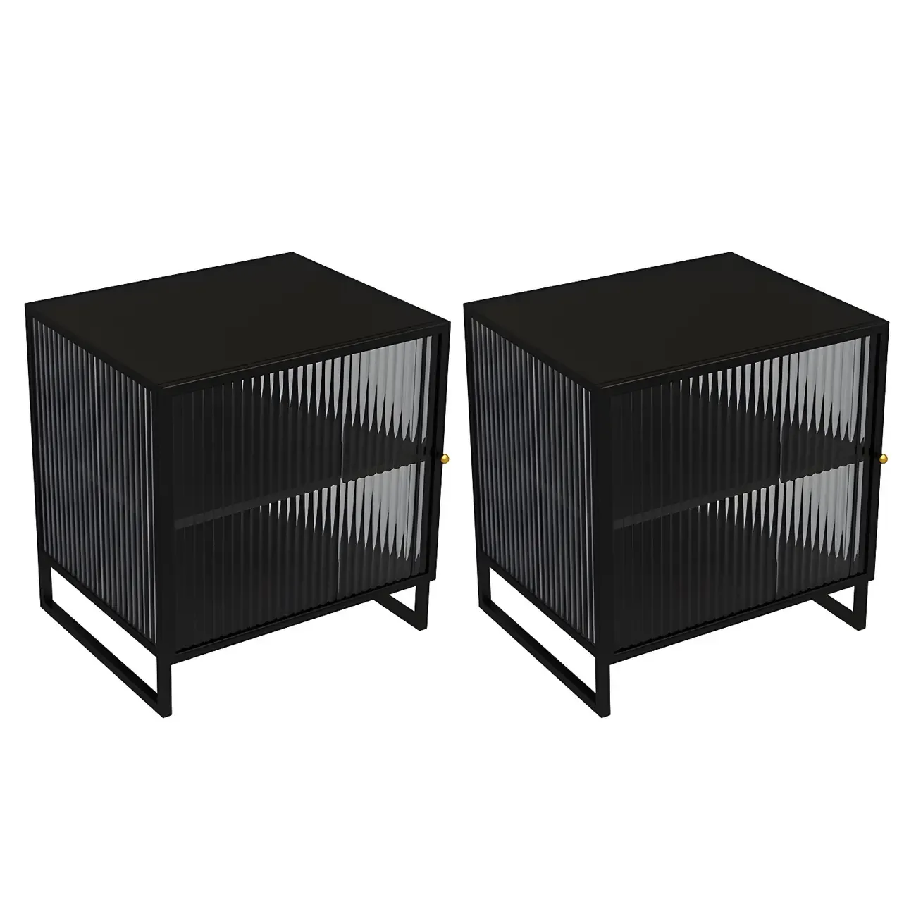 Black 2-Tier Ribbed Glass Metal Bedroom Nightstand Image - 8
