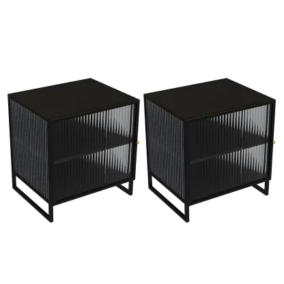 Black 2-Tier Ribbed Glass Metal Bedroom Nightstand Image - 8