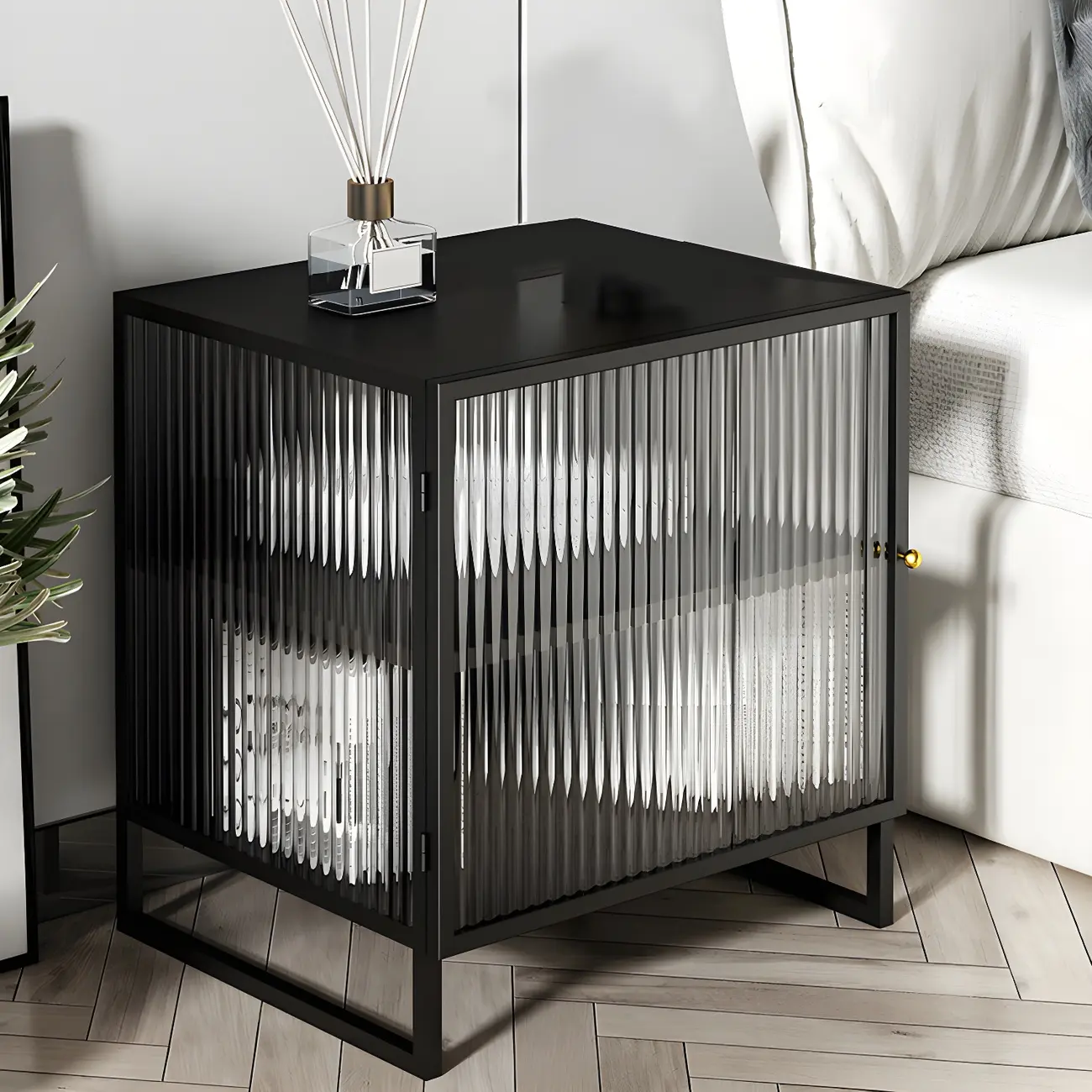 Black 2-Tier Ribbed Glass Metal Bedroom Nightstand Image - 3 | homeyfad