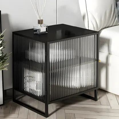 Black 2-Tier Ribbed Glass Metal Bedroom Nightstand Image - 3