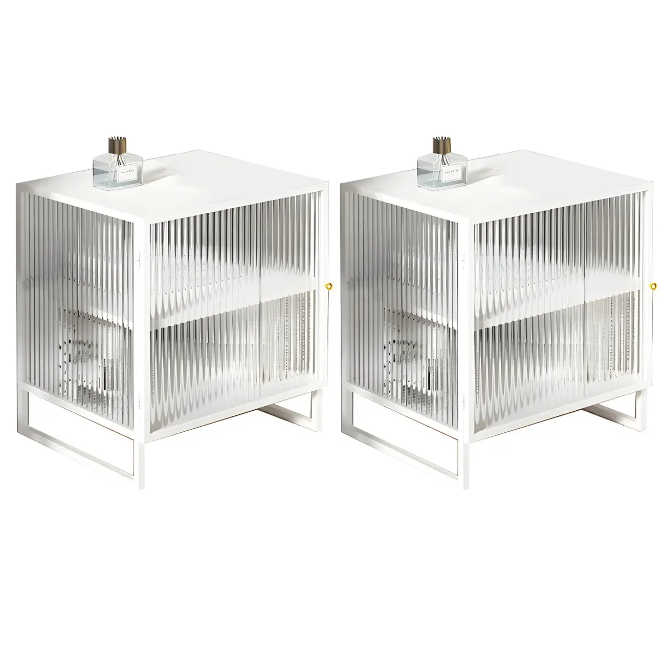 Black 2-Tier Ribbed Glass Metal Bedroom Nightstand Image - 9