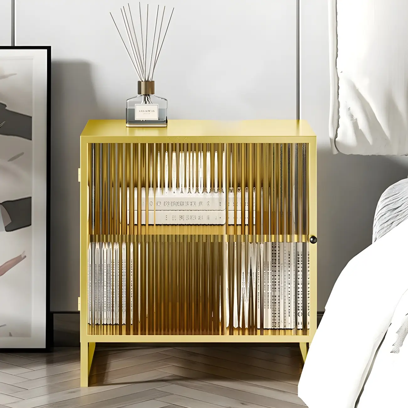 Black 2-Tier Ribbed Glass Metal Bedroom Nightstand Image - 2 | homeyfad