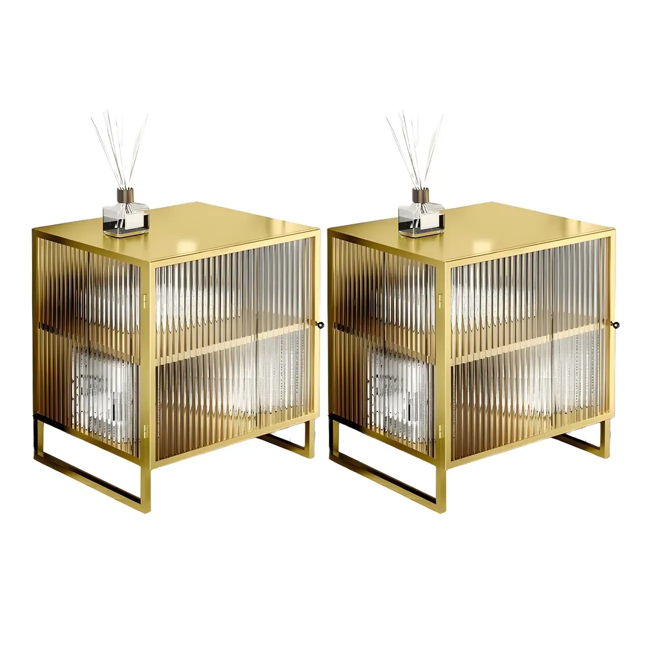 Black 2-Tier Ribbed Glass Metal Bedroom Nightstand Image - 10