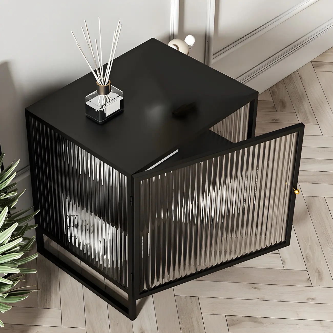 Black 2-Tier Ribbed Glass Metal Bedroom Nightstand Image - 5 | homeyfad
