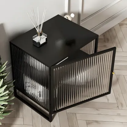 Black 2-Tier Ribbed Glass Metal Bedroom Nightstand Image - 5