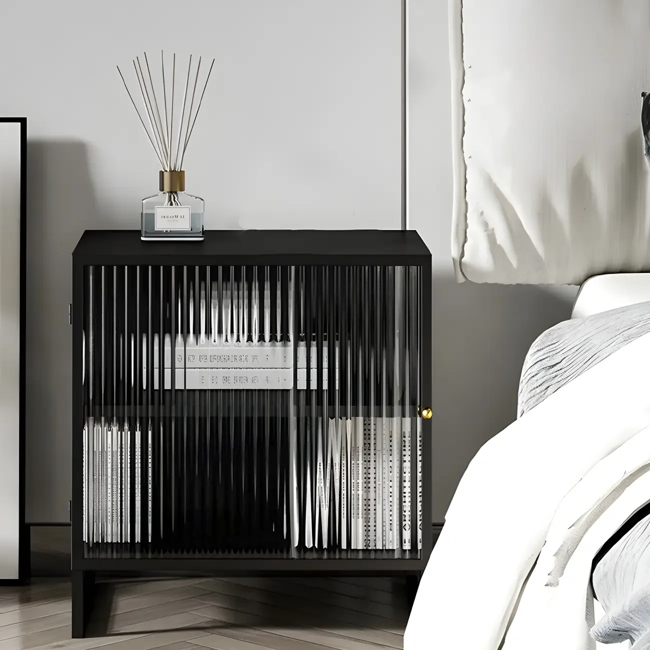 Black 2-Tier Ribbed Glass Metal Bedroom Nightstand Image - 1