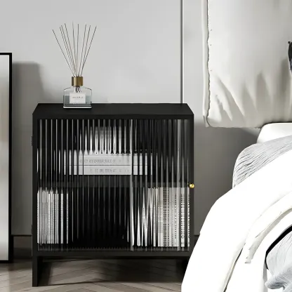 Black 2-Tier Ribbed Glass Metal Bedroom Nightstand Image - 1