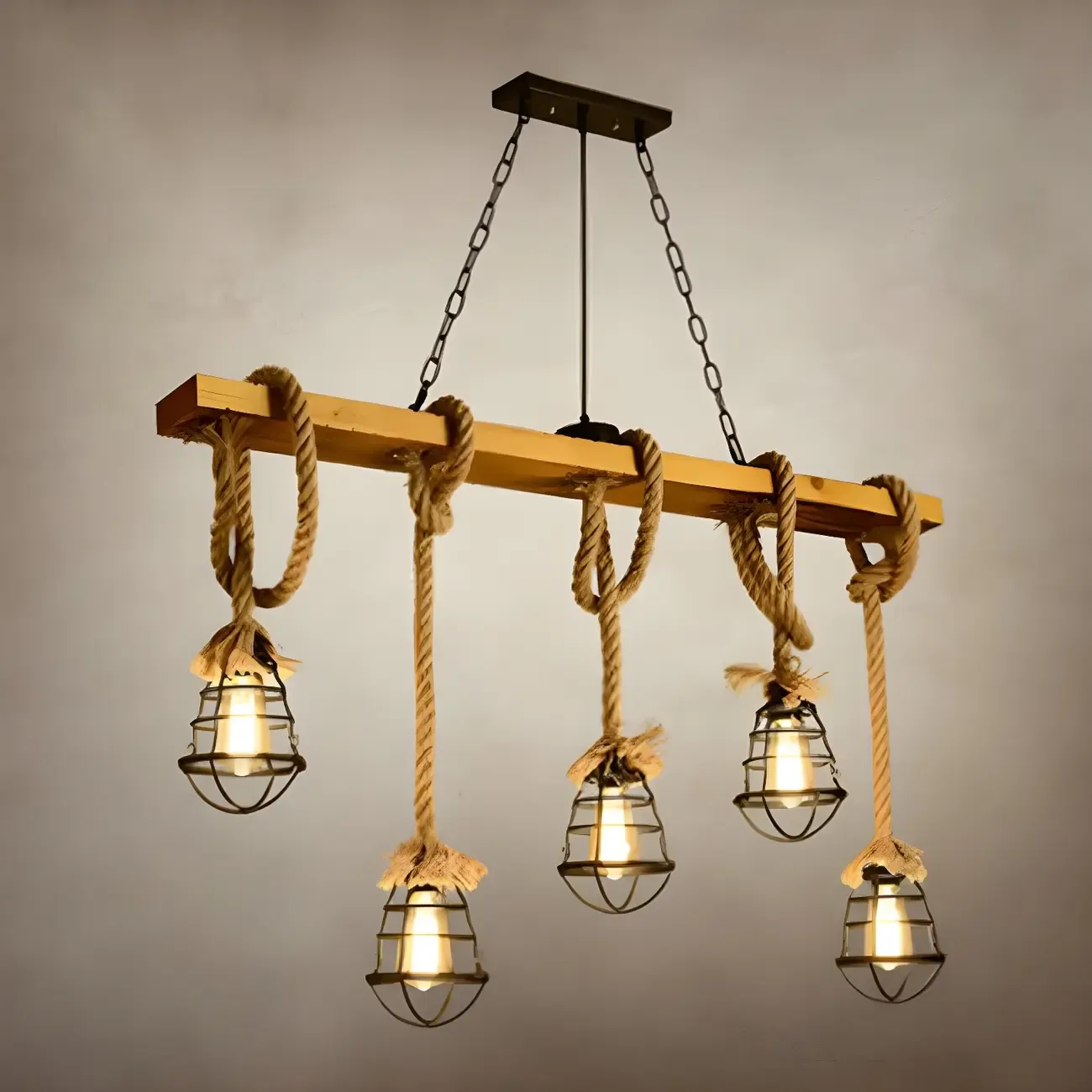 Industrial	Caged-Shaped Rope Chandelier for Kitchen Image - 9