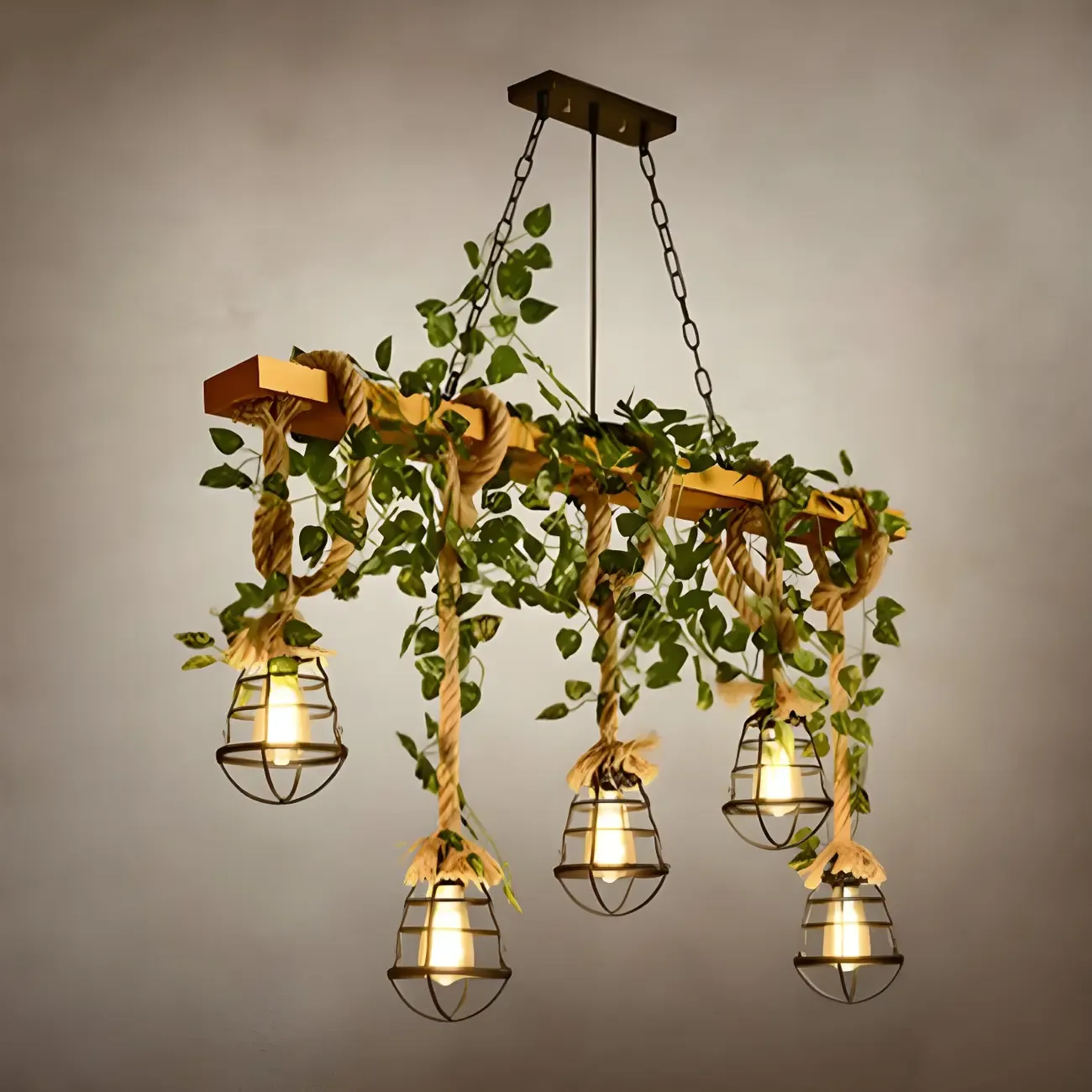 Industrial	Caged-Shaped Rope Chandelier for Kitchen Image - 11