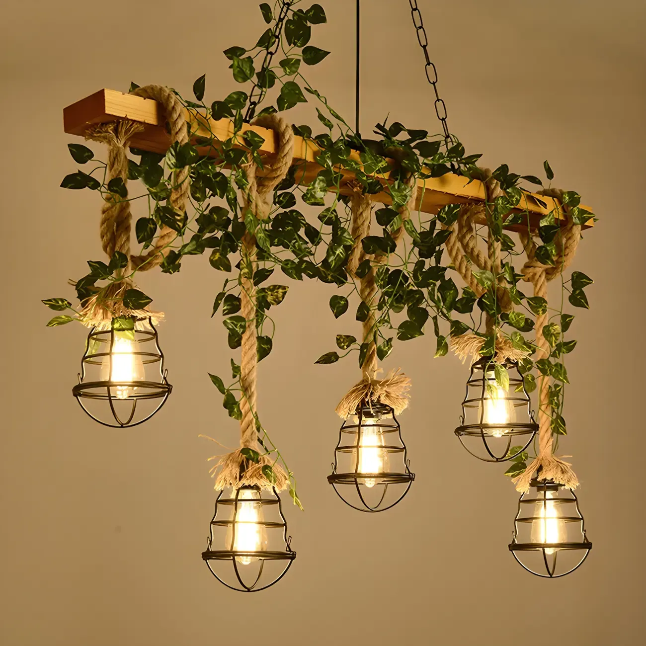 Industrial	Caged-Shaped Rope Chandelier for Kitchen Image - 12