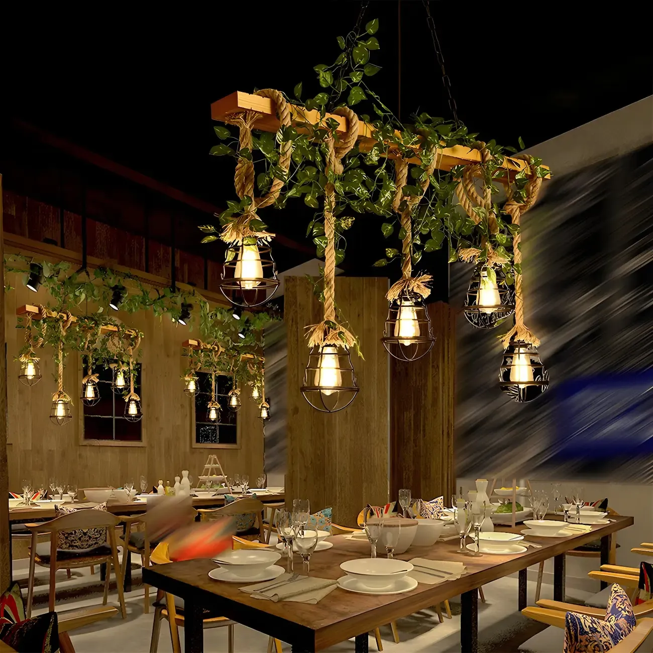 Industrial	Caged-Shaped Rope Chandelier for Kitchen Image - 16