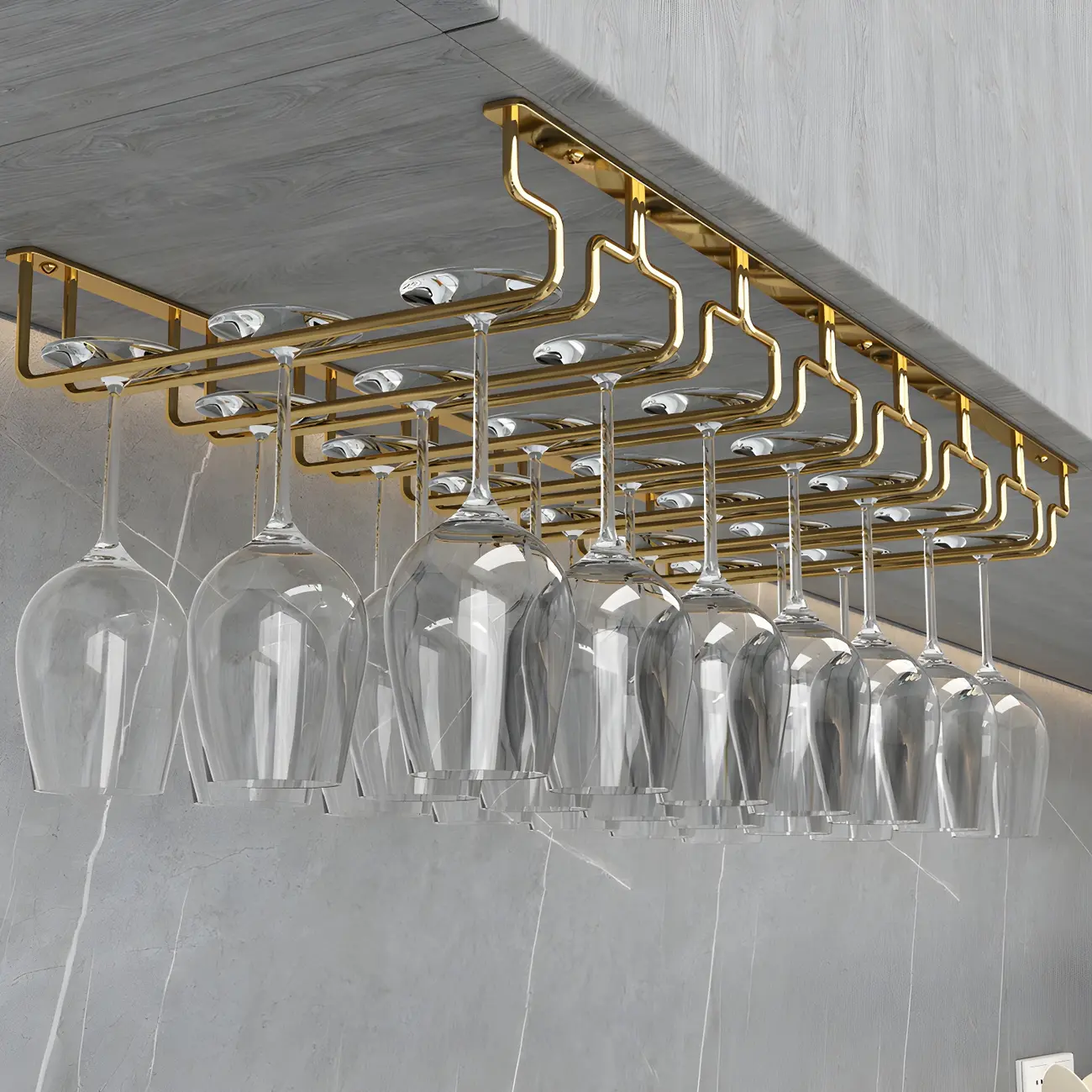 Gold Rectangular Hanging Metal Wine Glass Rack Image - 1 | homeyfad