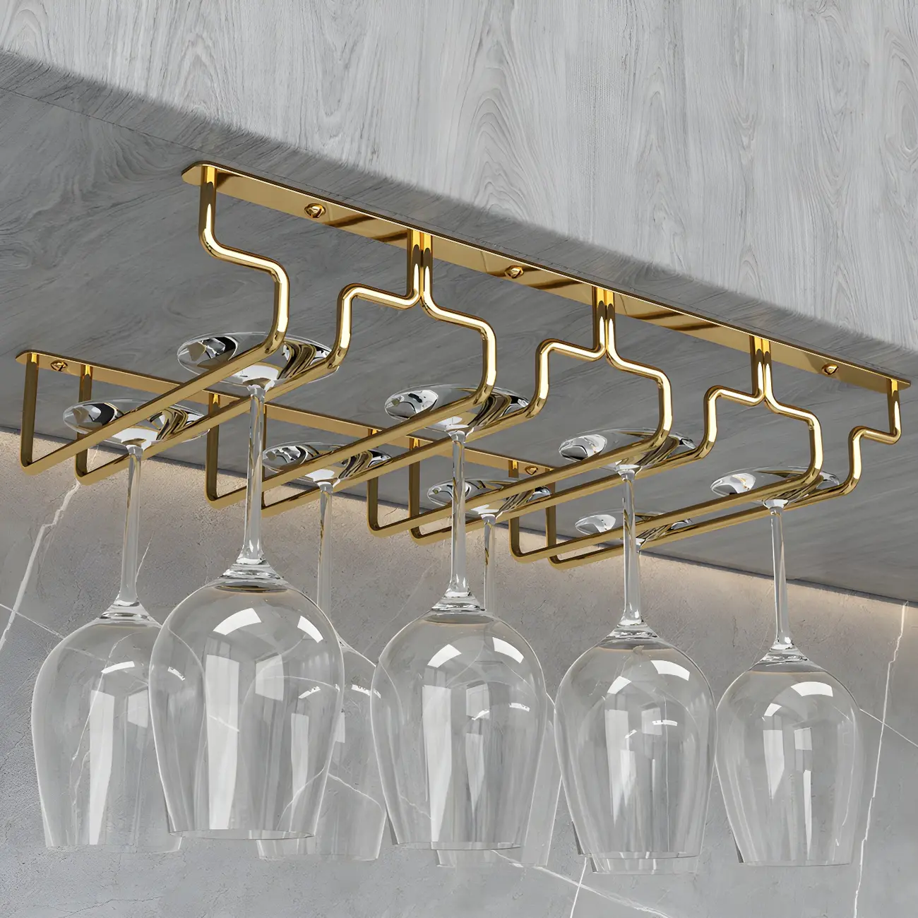 Gold Rectangular Hanging Metal Wine Glass Rack Image - 6 | homeyfad