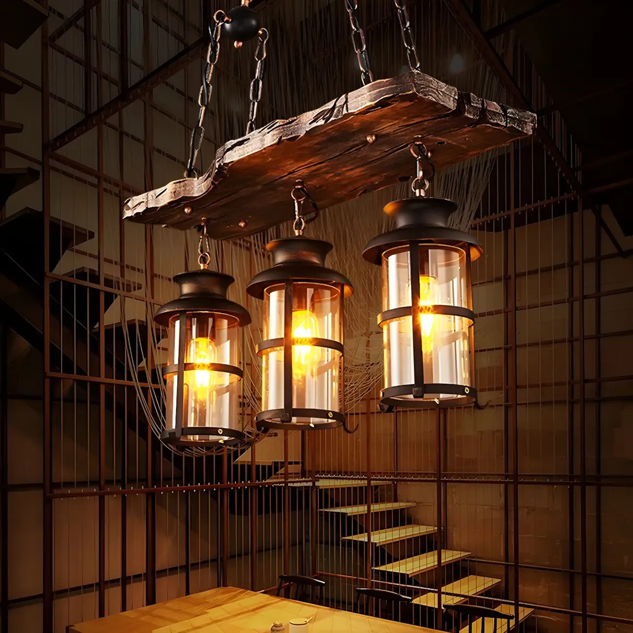 Rustic Industrial Large Wood Island Chandelier Image - 3